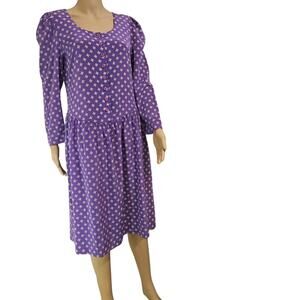 1990s Purple Puffy Sleeve Button Up Midi Drop Waist Dress Size 7/8 Petite